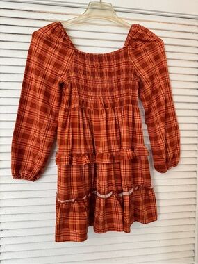 btween Orange Plaid Smocked Tiered Dress